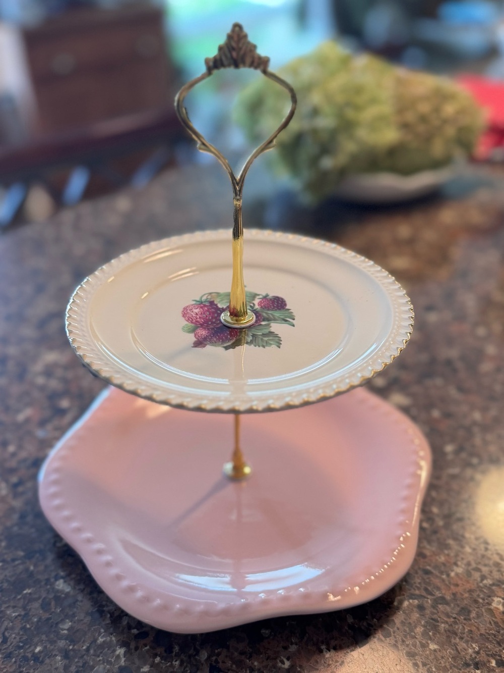 Vintage Two-Tier Serving Stand in Pink and White with Gold Handle
